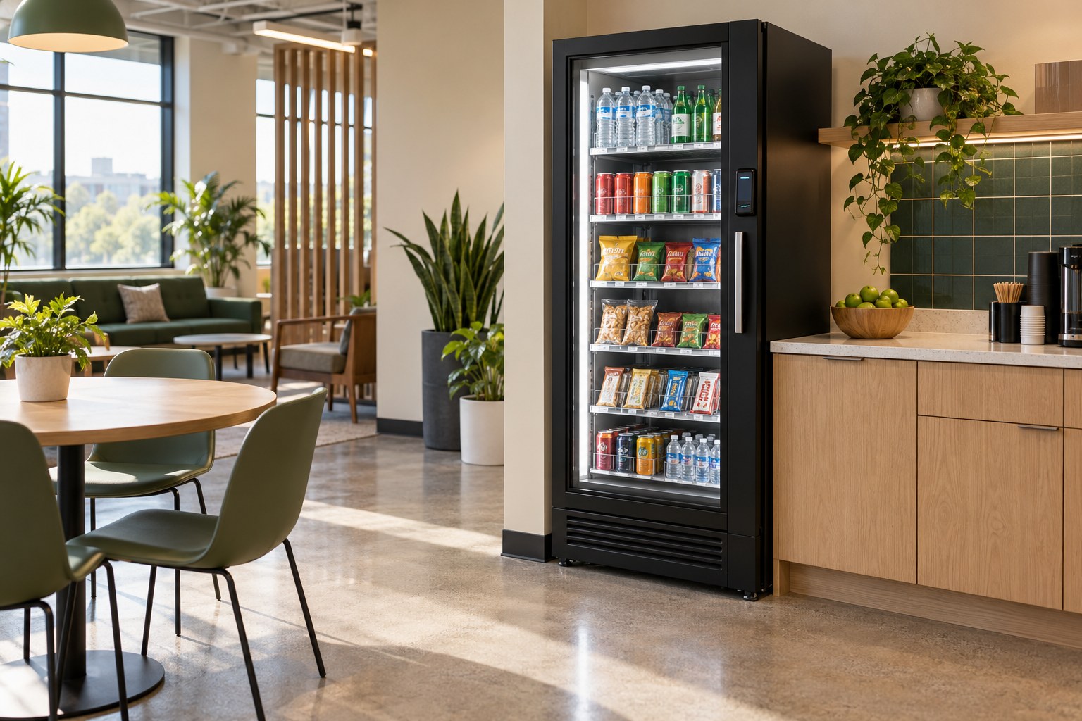 Illustration of a generic AI smart cooler in a modern employee breakroom