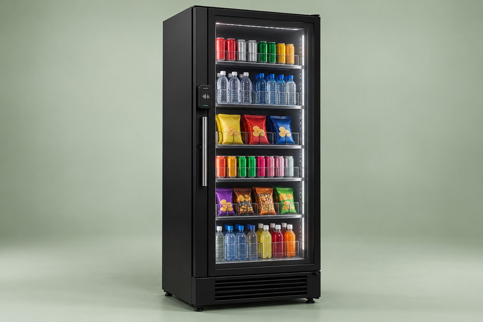 Illustration of an unbranded glass-door AI smart cooler with a small snack and drink assortment